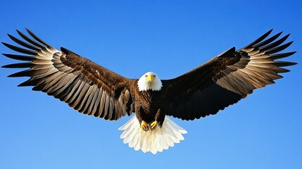 Obraz premium Bald Eagle Soaring with Wings Spread Against a Blue Sky