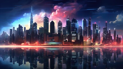 Fototapeta premium City skyline at night with illuminated buildings and glowing street lights