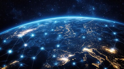 A stunning view of Earth from space, highlighting Europe with glowing city lights and a network of digital connections.