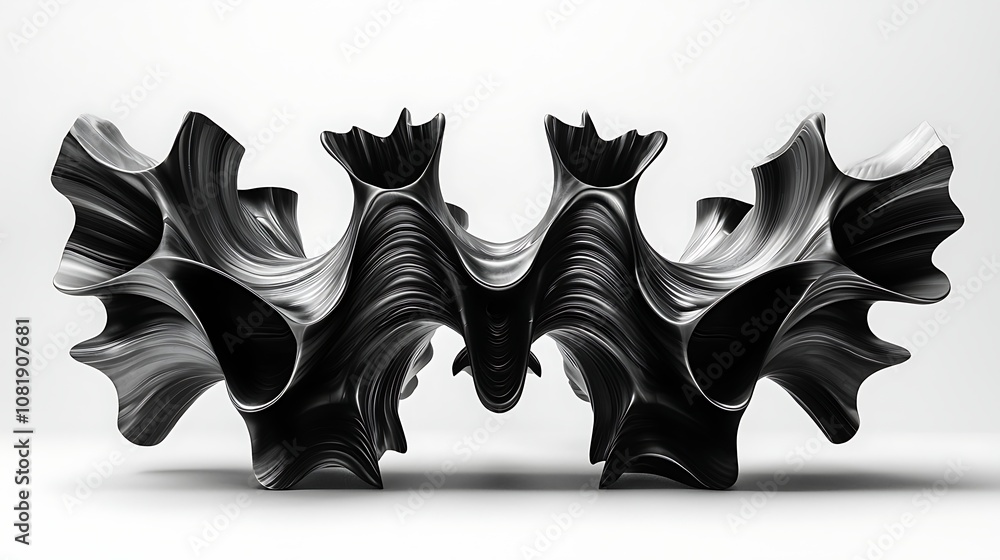 Poster abstract sculpture with organic flowing forms in black and white, featuring dynamic curves and intri