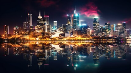Obraz premium City skyline at night with illuminated buildings and glowing street lights
