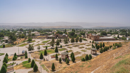 Summer landscape view of Hissar or Hisor ancient city from historic citadel, Tajikistan