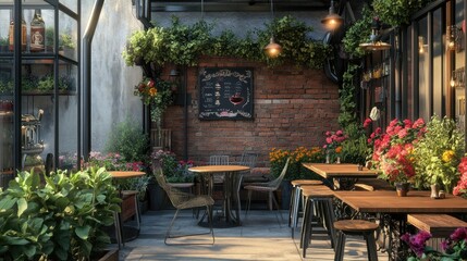 Obraz premium A charming outdoor café scene with rustic wooden tables and vibrant flowers, creating a warm and inviting atmosphere.