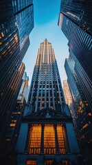 A stunning view of a skyscraper surrounded by modern buildings under a bright blue sky during twilight.
