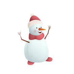 Charming 3D vector illustration of cheerful snowman wearing red scarf and Santa hat, with twig arms and bright orange carrot nose. Perfect for winter holidays, Christmas, and festive designs