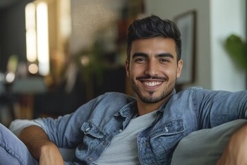 Obraz premium Happy mid adult man relaxing on sofa at home.