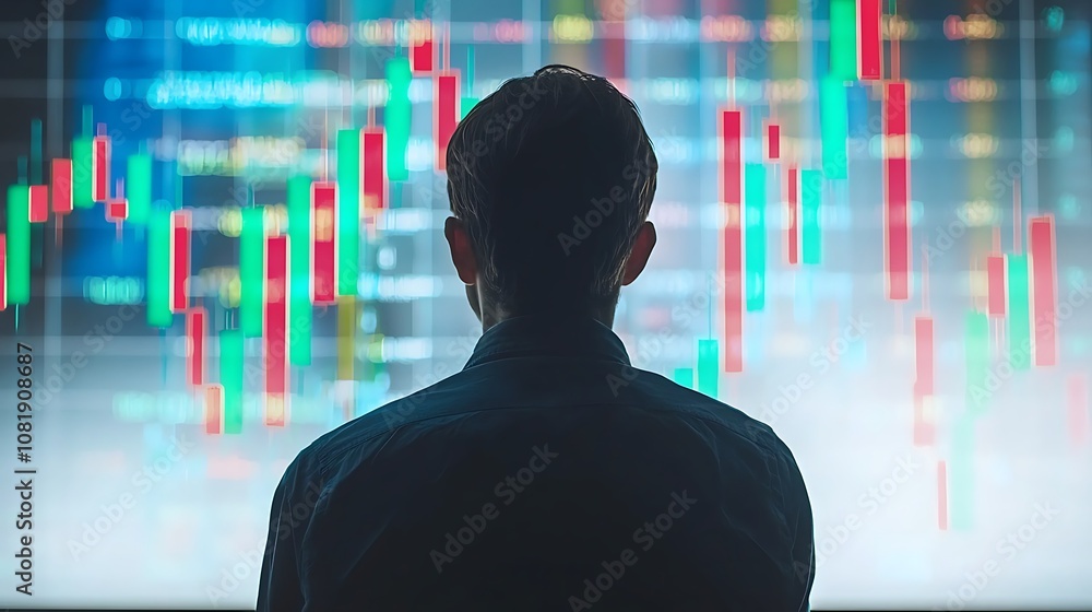 Aufkleber young professional analyzing stock market data trends with colorful graphs and candlestick charts di