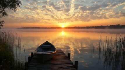 Fototapeta premium A wooden boat on a dock at sunrise with a misty lake and golden sky.