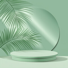 Fototapeta premium Abstract empty green Podium with green leaves on green background. Mock up stand for product presentation. Advertising template