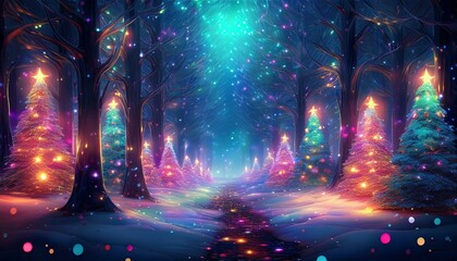 Magical forest with christmas trees and glowing lights