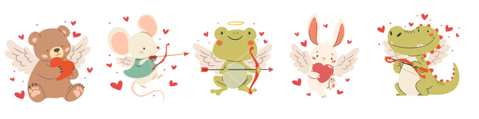 Set of vector illustrations for Valentine's Day. Cute cupids bear frog crocodile mouse dinosaur and hare, animals with wings and hearts. Vector illustration © Alena