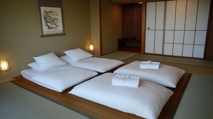 Peaceful and Minimalist Japanese Bedroom with Futons on Tatami Mats, Evoking Serenity and Calmness in Home Environment and Interior Design