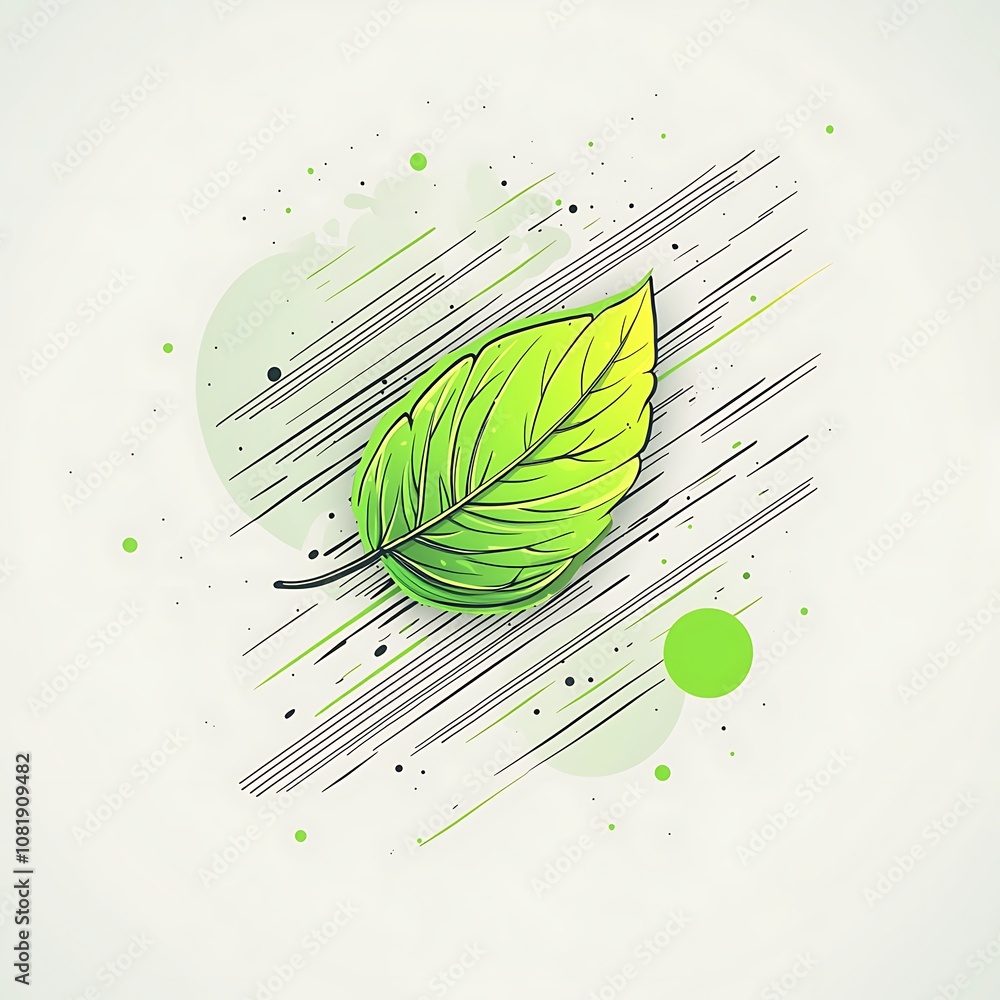 Poster vibrant green leaf on abstract background with dynamic lines and splashes of color representing natu