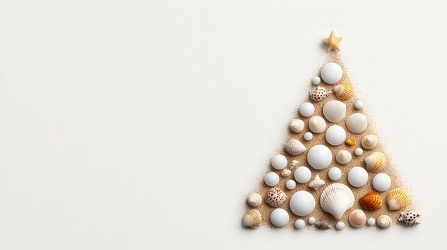 Decorative Christmas tree created with assorted natural shells and stones on a neutral background.