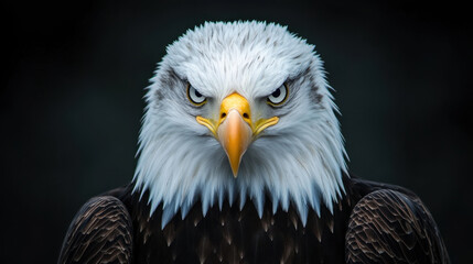Obraz premium Majestic eagle with intense gaze, showcasing detailed feathers and striking colors. powerful presence of this bird evokes sense of awe and admiration