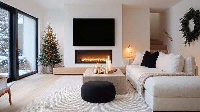 Sala de estar minimalista decorada para Navidad con &aacute;rbol iluminado y ambiente acogedor.

