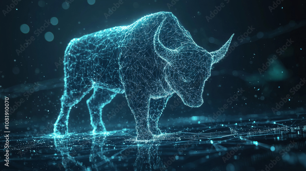 Poster digital bull created with glowing lines and particles, symbolizing strength and market dynamics. thi