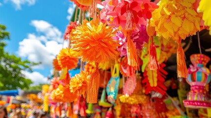 Fototapeta premium Colorful Paper Decorations Hanging from a Stall at a Market
