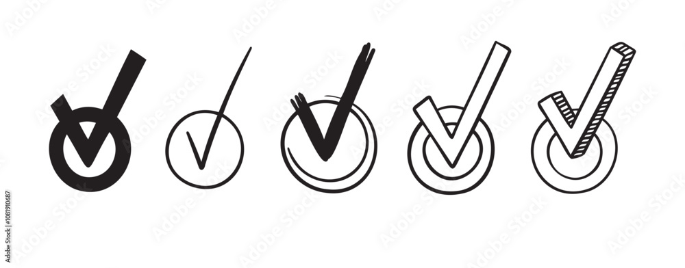 Poster doodle round checkboxes with tick. hand drawn scribble check marks with ticks set. different doodle 