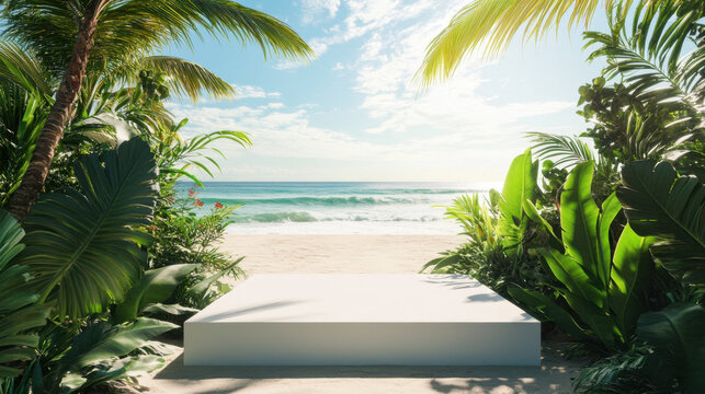 serene empty product podium at surfer beach surrounded by lush vegetation, with gentle waves lapping at shore under bright sky - Powered by Adobe