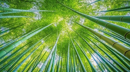 A low angle view of a dense bamboo forest with sunlight filtering through the leaves.