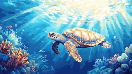 Obraz premium Serene Sea Turtle Swimming Gracefully Through Vibrant Coral Reef Amidst Sunlit Ocean Waters in a Dreamlike Underwater Landscape