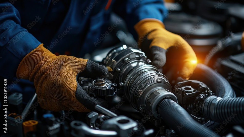 Poster a mechanic's hands work on a vehicle's engine component, showcasing precision and technical skill in