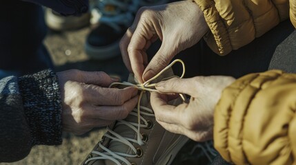 Hands Tying Shoelaces in Outdoor Setting
