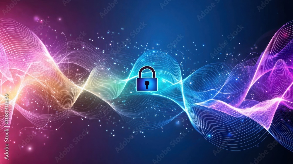 Poster quantum computing of cryptography concept. a vibrant digital background featuring a locked padlock, 