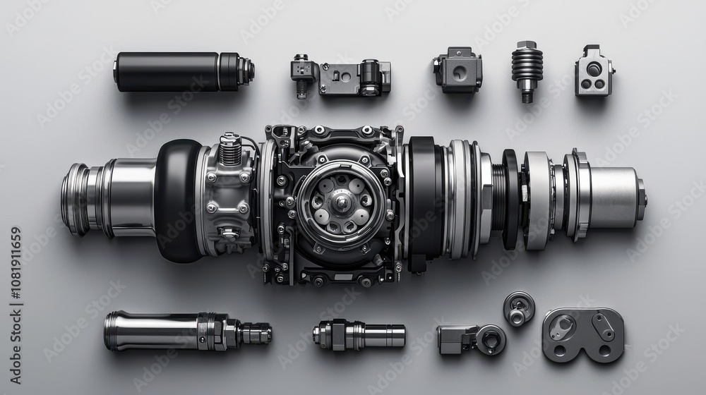 Poster a detailed assembly of mechanical engine components arranged artistically on a smooth surface, showc
