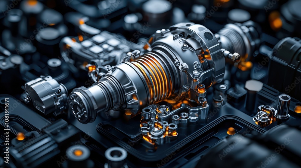 Poster a detailed depiction of intricate mechanical components, showcasing a complex assembly of gears, cir