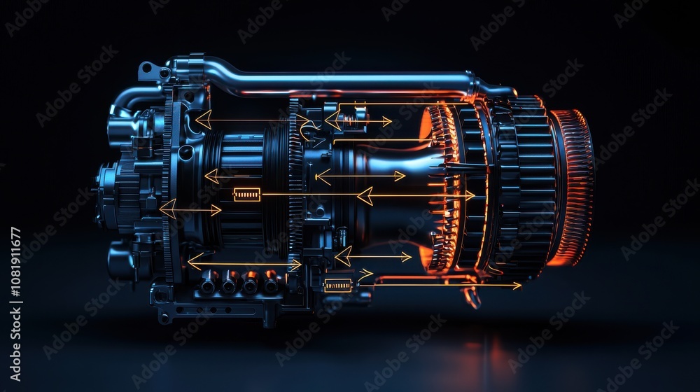 Poster a detailed view of a jet engine, highlighting its inner workings with illuminated components and arr