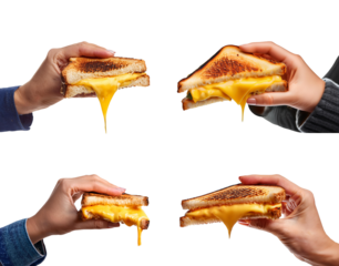 Delicious grilled cheese sandwiches being pulled apart, showcasing melted cheese and crispy bread.
