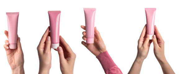 Four hands holding pink tubes, demonstrating beauty or skincare product application in an elegant display.