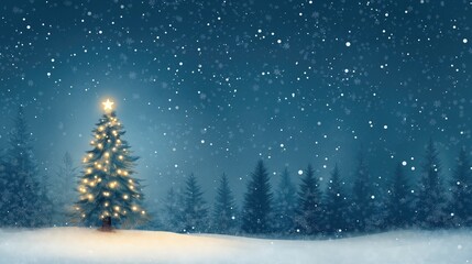 Fototapeta premium Festive Christmas Tree with Glowing Lights Amidst Snowy Winter Landscape, Starry Night Sky and Evergreens