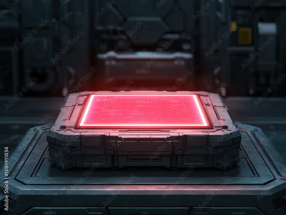 Poster Quantum computing of cryptography concept. A futuristic, glowing red box rests on a metallic platform in a dimly lit, high-tech environment, suggesting an advanced technological setting.