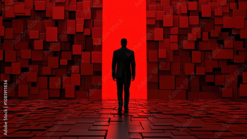 Poster quantum computing of cryptography concept. a figure stands silhouetted against a vibrant red backdro