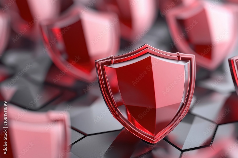 Poster quantum computing of cryptography concept. a vibrant arrangement of glossy, red shields on a geometr