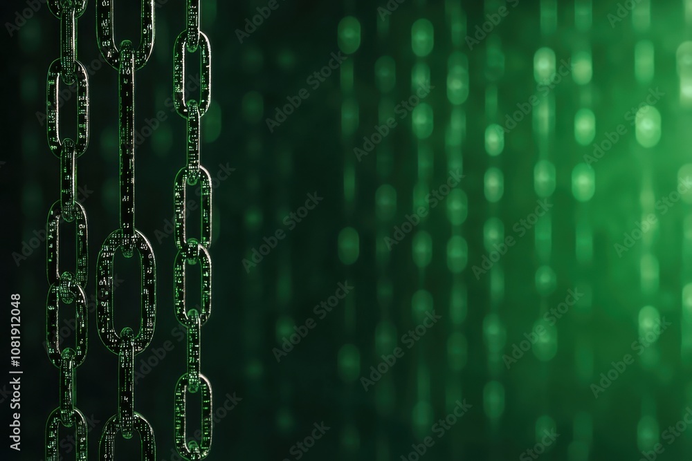 Poster quantum computing of cryptography concept. a close-up of green digital chains cascading down, creati