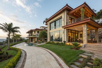 Modern Grunge Luxury Villa Exterior Design Highlighting Contemporary Architecture with Open Spaces and Natural Elements, Perfect for Upscale Living and Relaxation
