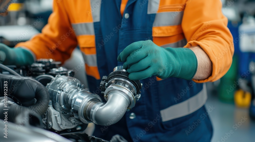 Poster a mechanic in work gloves adjusts a component on an engine in a workshop, demonstrating technical sk