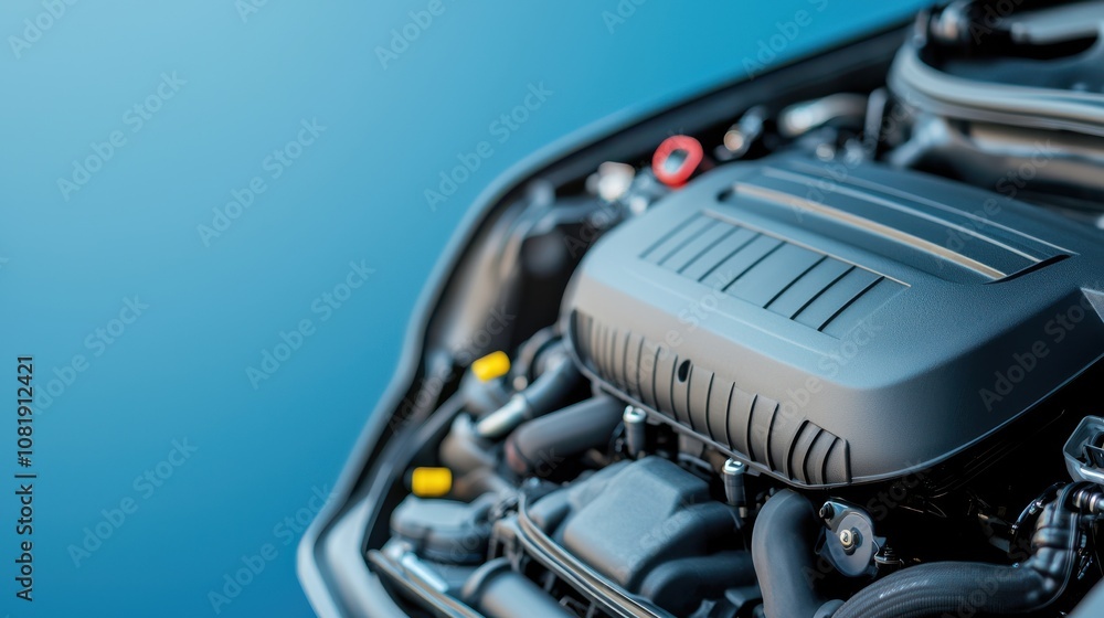 Poster a close-up view of a modern car engine with sleek design and detailed components, set against a grad