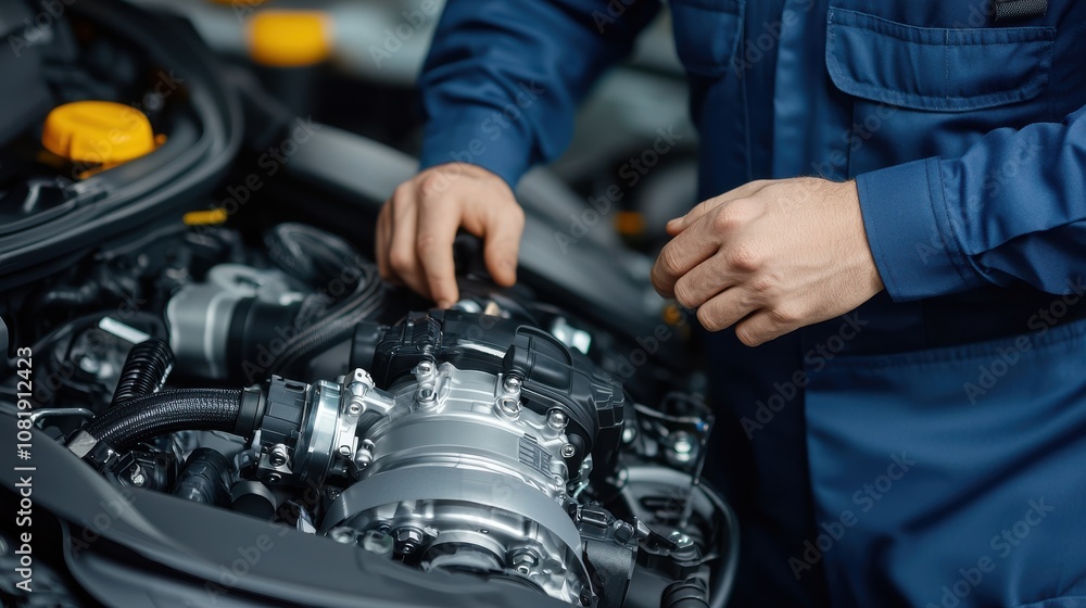 Poster a mechanic inspects and repairs an engine, focusing on intricate components and ensuring optimal veh