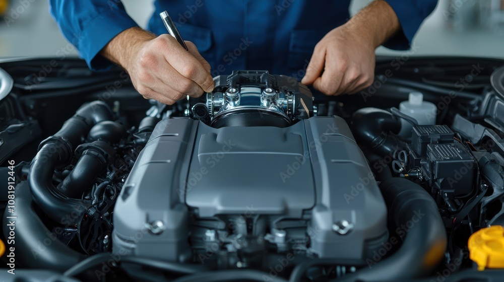 Poster a person is working on a car engine, using a wrench to make adjustments in a well-lit workshop envir