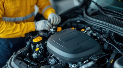 Fototapeta premium A mechanic in a safety jacket inspects and repairs an engine under the hood of a vehicle, highlighting the technical and hands-on nature of automotive work.