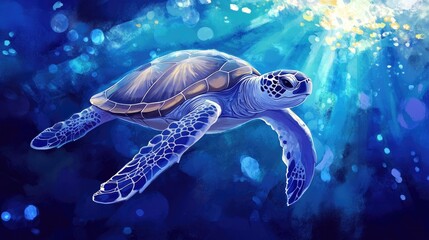 Fototapeta premium A Serene Sea Turtle Swimming Gracefully Beneath Sunlit Ocean Waters, Surrounded by Light Reflections and Colorful Underwater Environment in a Vibrant Art Style
