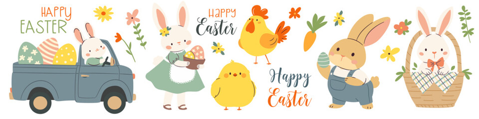 Set of flat vector illustrations in children's style on the theme of Easter holidays. Cute bunnies on a truck, chickens Easter eggs daisies and plants, lettering Happy easter. Vector illustration © Alena