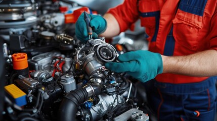 A mechanic repairs an engine, showcasing hands-on work with tools and intricate parts in a professional automotive setting.