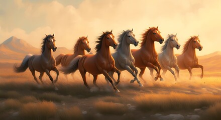 Seven Horse Running in the field painting illustration design. Indian wall paintings design.