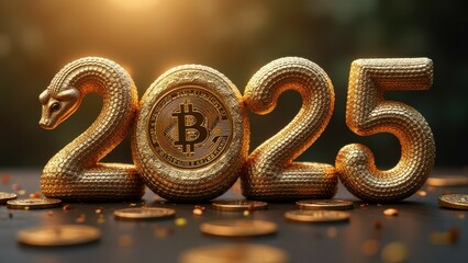 Obraz premium Golden bitcoin and year 2025: future of cryptocurrency and investment trends